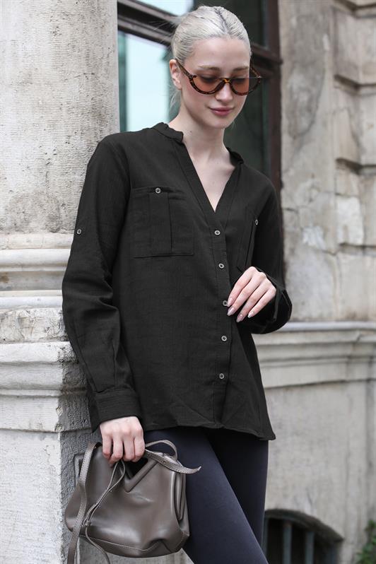 MDX Black Curved Sleeve Linen Blend Women's Shirt MG1847 - Jacona de Plancarte