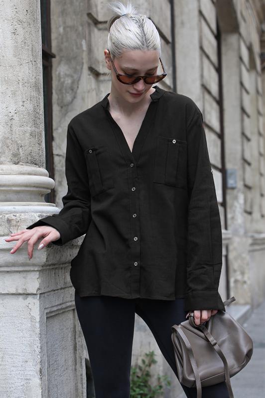 MDX Black Curved Sleeve Linen Blend Women's Shirt MG1847 - Jacona de Plancarte