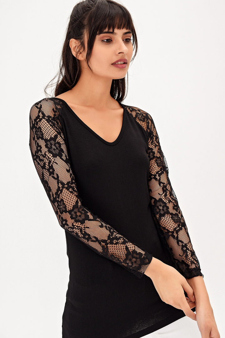 Black Lace Boat Neck Blouse BCBSK-25700-T4006840 - Muskogee