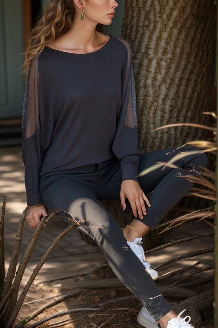 Black Detailed Long Sleeve Boat Neck Blouse BCBSK-25700-K4589 - Torrelavega