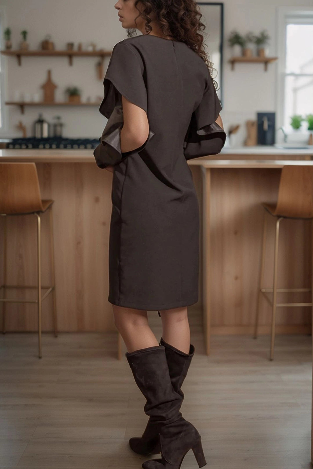 Black Ruffled Sleeve Crepe Dress BCBSK-25700-2772 - Chaniá