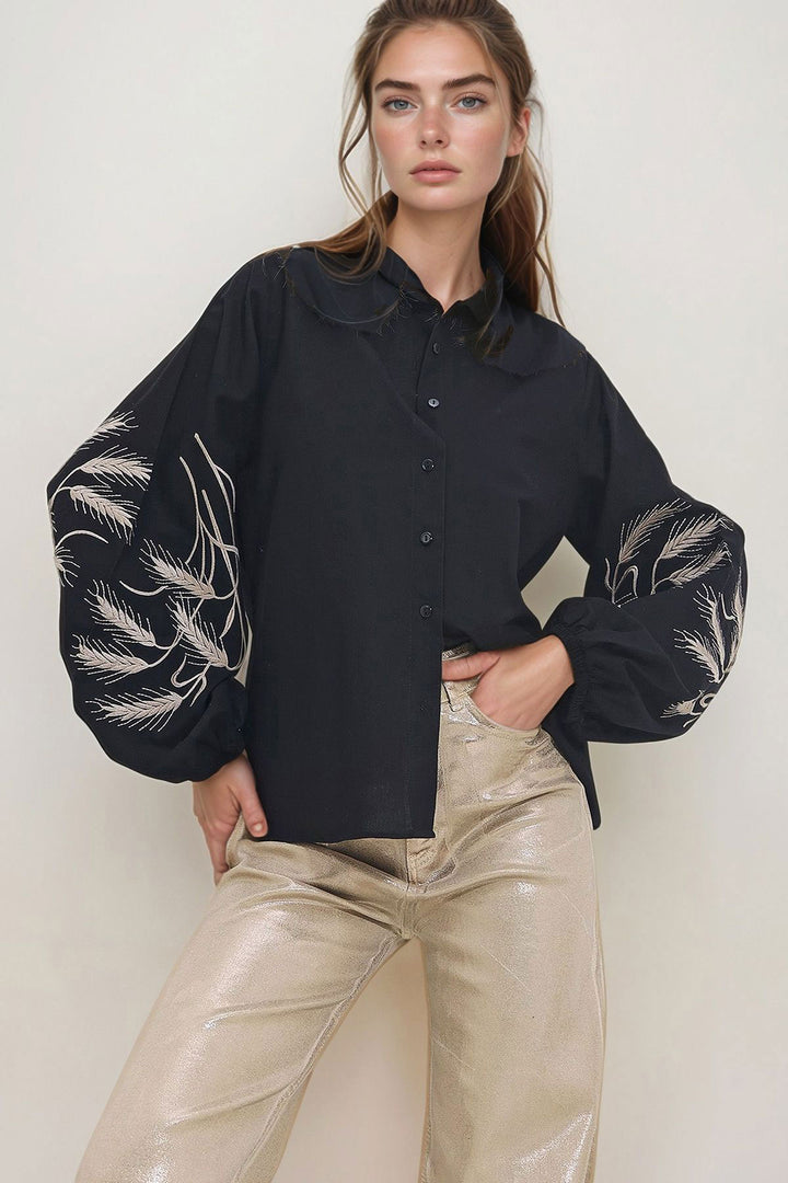 Poplin Weave Shirt with Black Embroidered Sleeves BCHESQ-251033 - Downey