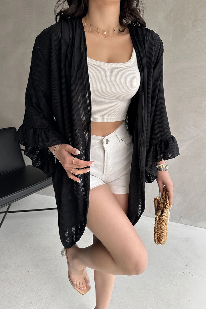 Black Ruffled Mesh Cardigan BCDF-252171 - Horsham
