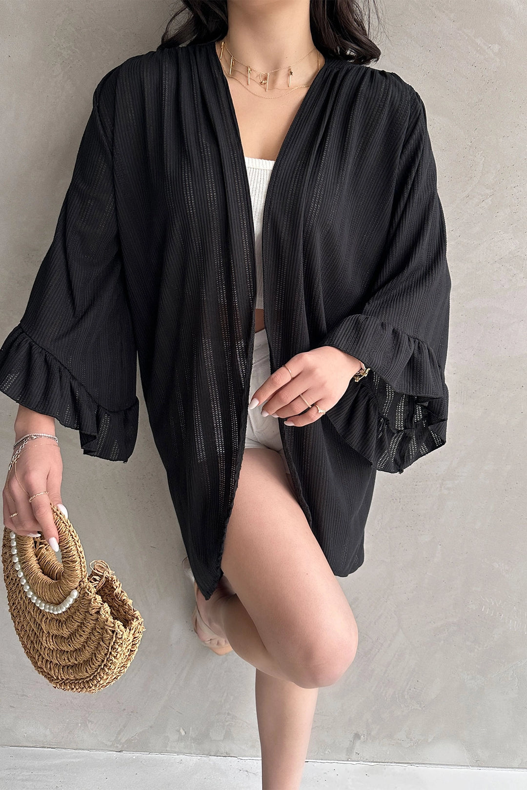 Black Ruffled Mesh Cardigan BCDF-252171 - Horsham