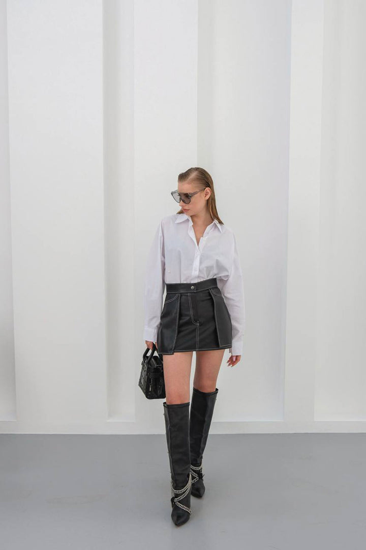 Black Contrast Stitch Detail Shorts Skirt BCHN-25W260015 - Casas Adobes