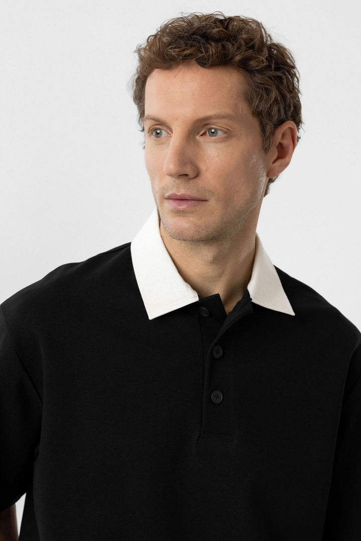 ANT Antioch Black Contrast Collar Interlock Textured Men's T-Shirt - Guilderland