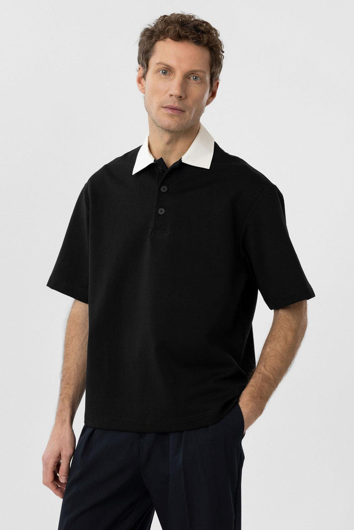 ANT Antioch Black Contrast Collar Interlock Textured Men's T-Shirt - Guilderland