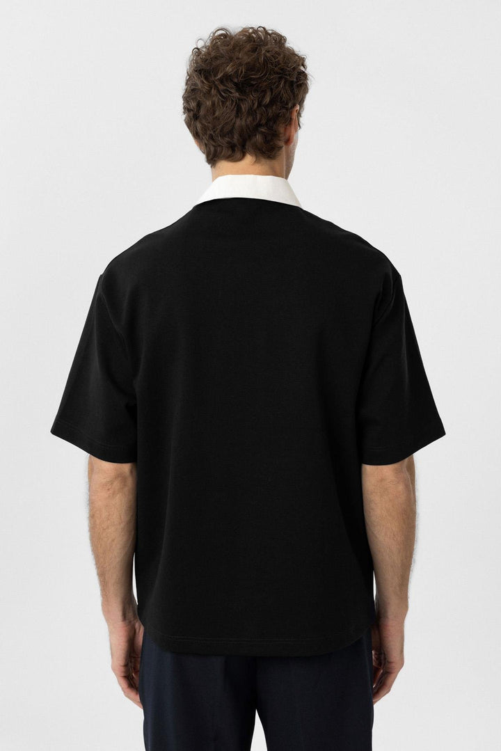 ANT Antioch Black Contrast Collar Interlock Textured Men's T-Shirt - Guilderland