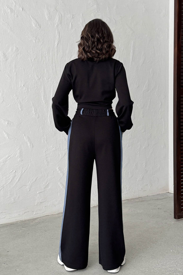 Black Denim Fabric Garnished Soft Textured Pants Jacket Suit BCHN-25261021 - Halifax