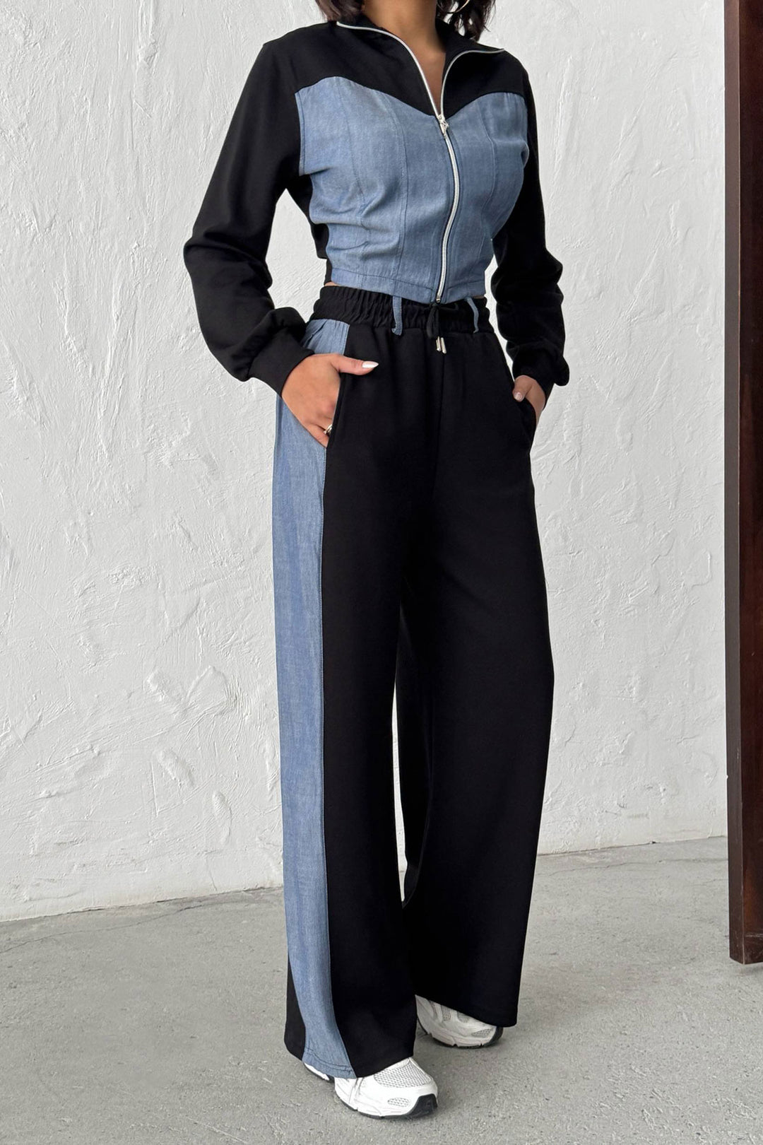 Black Denim Fabric Garnished Soft Textured Pants Jacket Suit BCHN-25261021 - Halifax