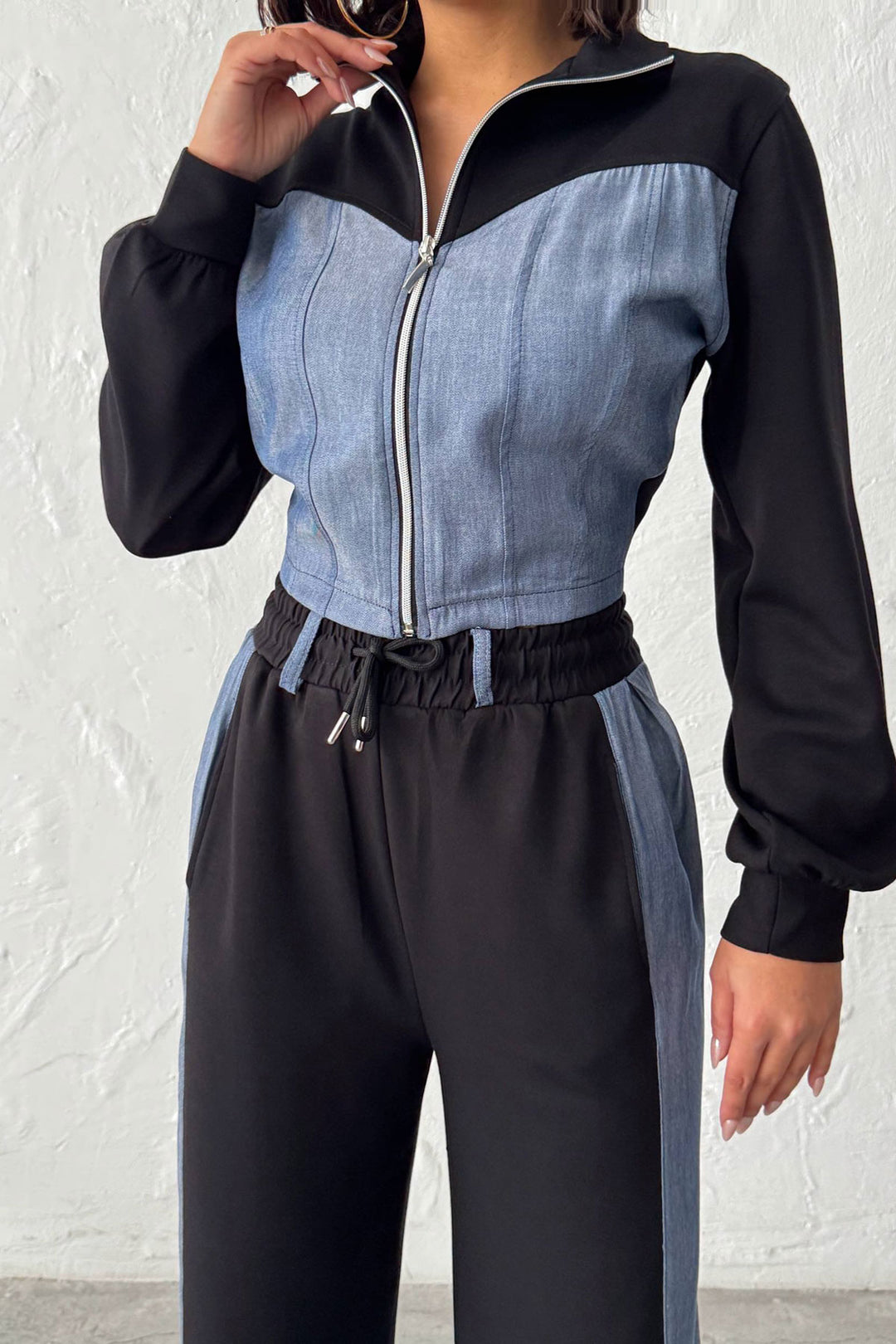 Black Denim Fabric Garnished Soft Textured Pants Jacket Suit BCHN-25261021 - Halifax