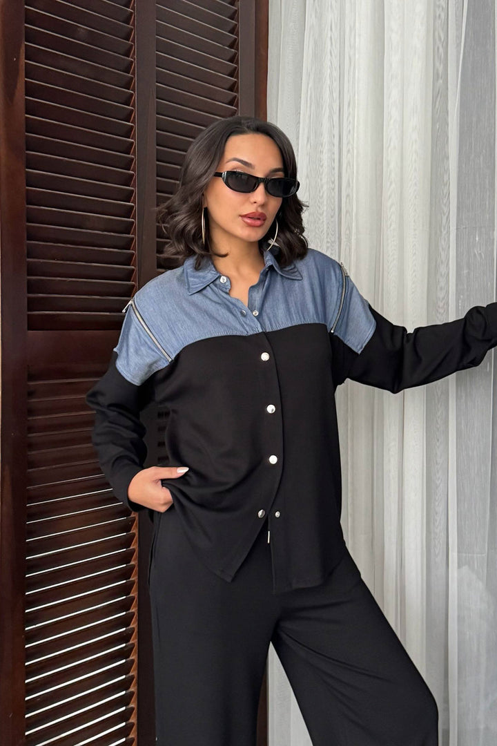 Black Denim Fabric Garnished Soft Textured Pants Shirt Set BCHN-25261022 - Magdeburg