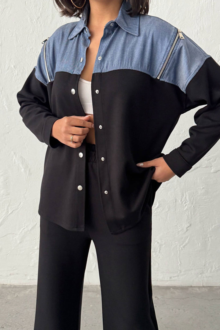 Black Denim Fabric Garnished Soft Textured Pants Shirt Set BCHN-25261022 - Magdeburg