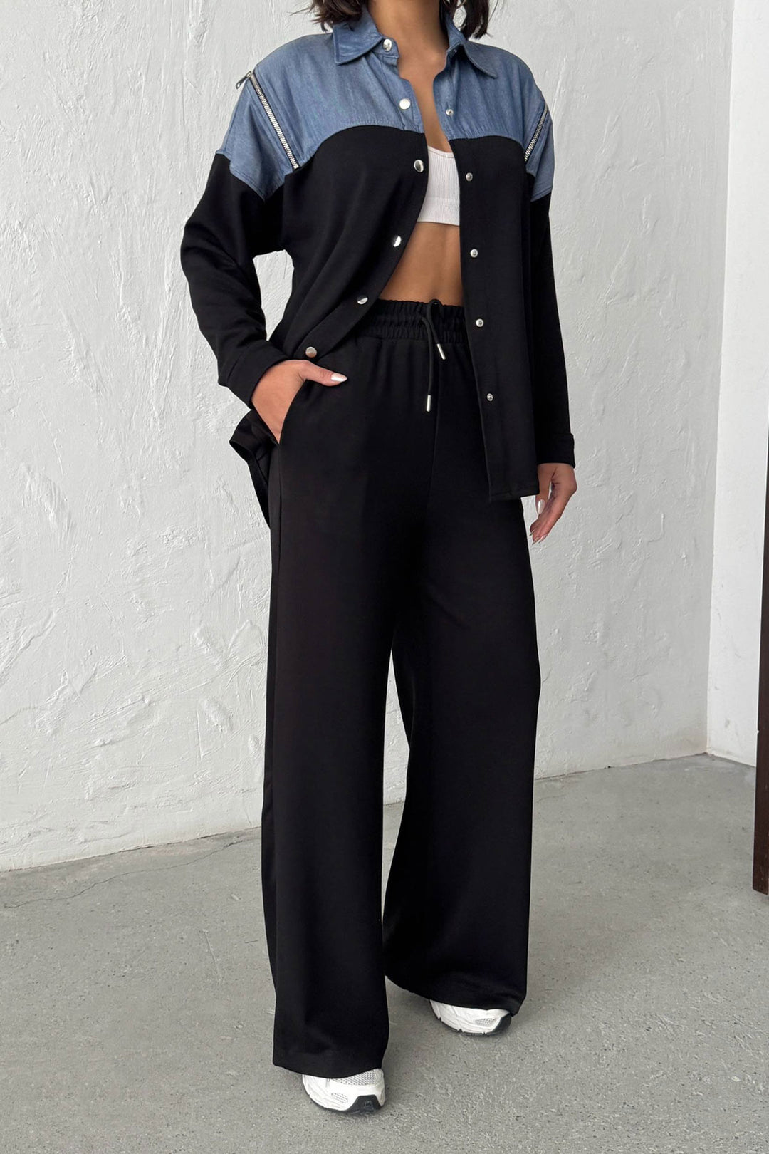 Black Denim Fabric Garnished Soft Textured Pants Shirt Set BCHN-25261022 - Magdeburg
