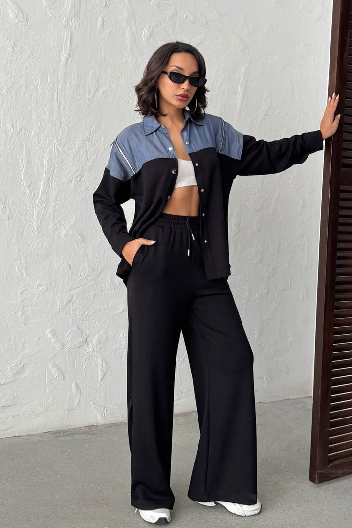 Black Denim Fabric Garnished Soft Textured Pants Shirt Set BCHN-25261022 - Magdeburg