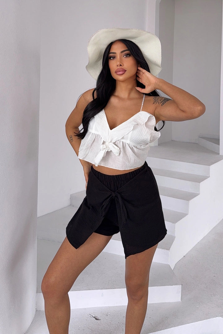 Black Muslin Fabric Linen Woven Shorts with Wrap Tie BCBT-251002 - Brownsville