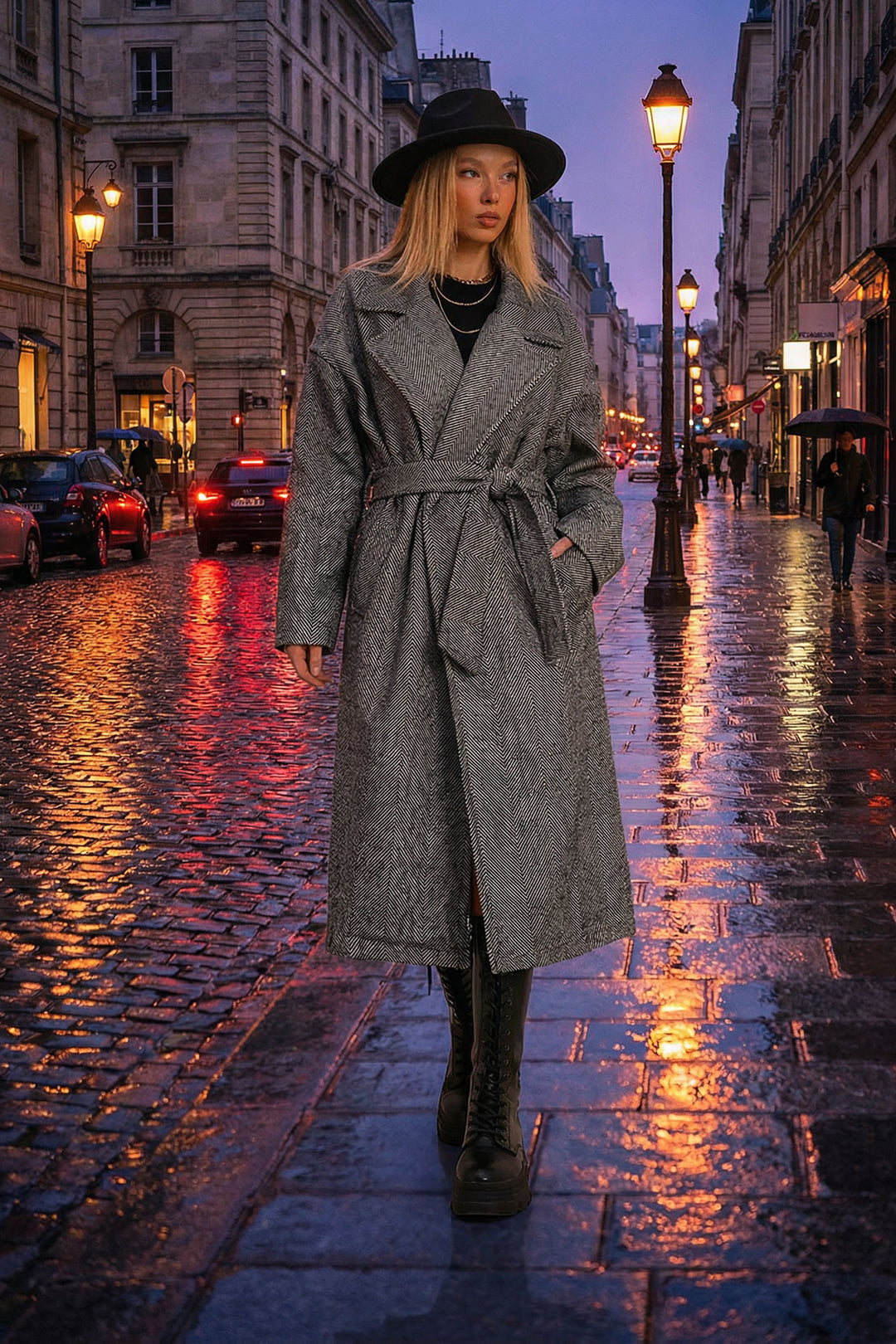 Black Wrap Waist Belted Fish Back Patterned Coat BCHRQ-251213 - Arles
