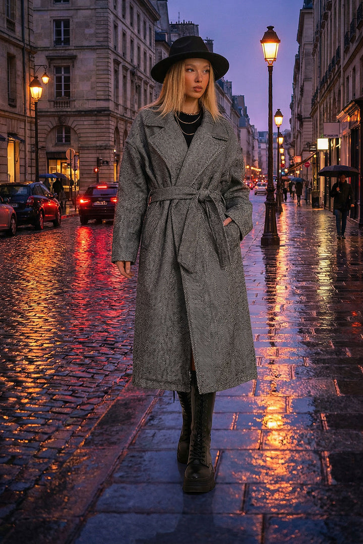 Black Wrap Waist Belted Fish Back Patterned Coat BCHRQ-251213 - Arles