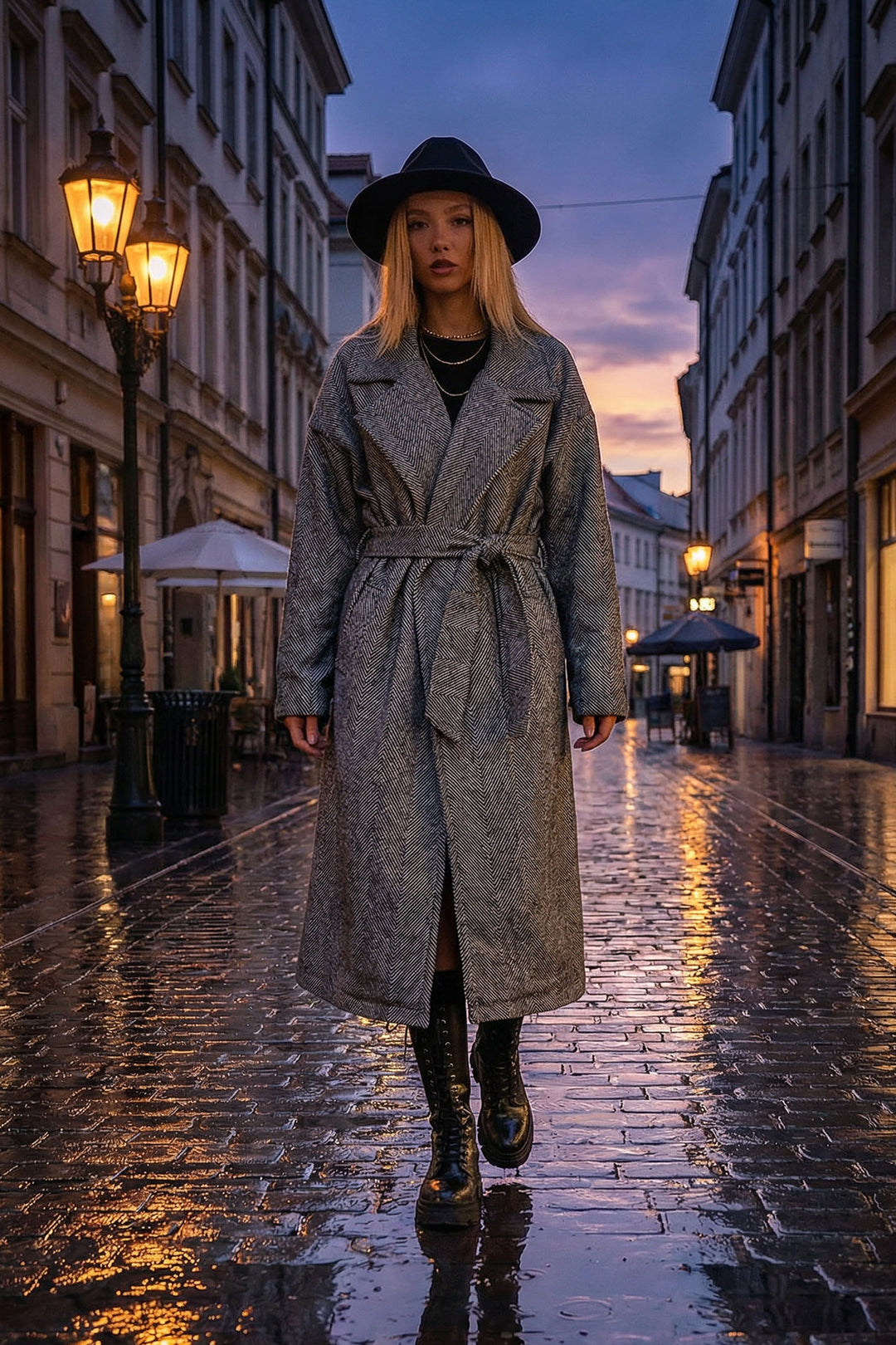 Black Wrap Waist Belted Fish Back Patterned Coat BCHRQ-251213 - Arles