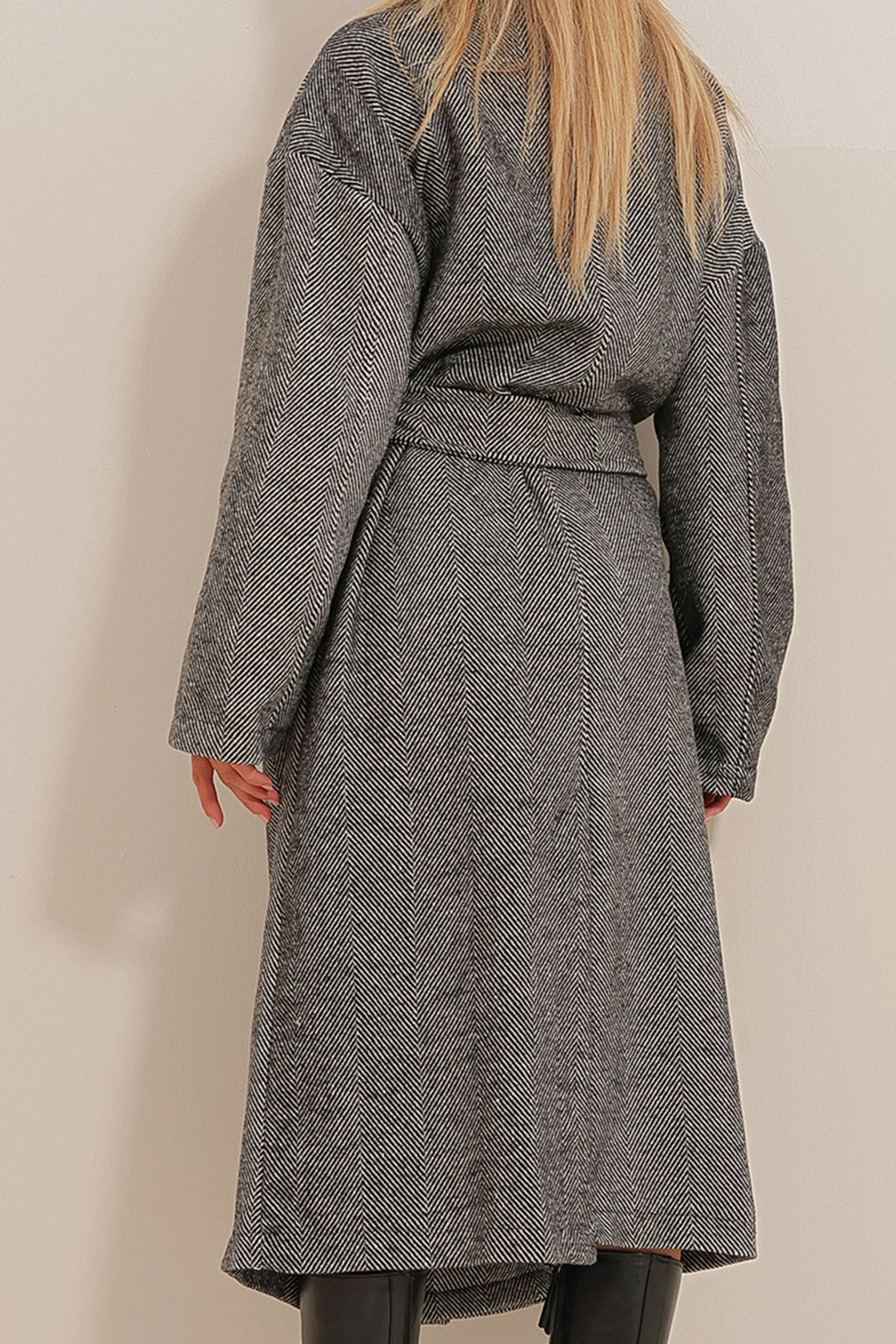 Black Wrap Waist Belted Fish Back Patterned Coat BCHRQ-251213 - Arles