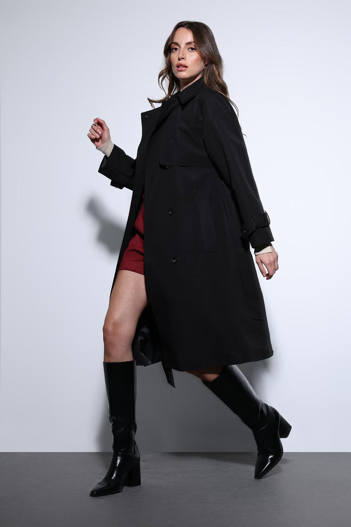 ANT Antioch Black Double-Breasted Belted Women's Trench Coat - Bragadiru