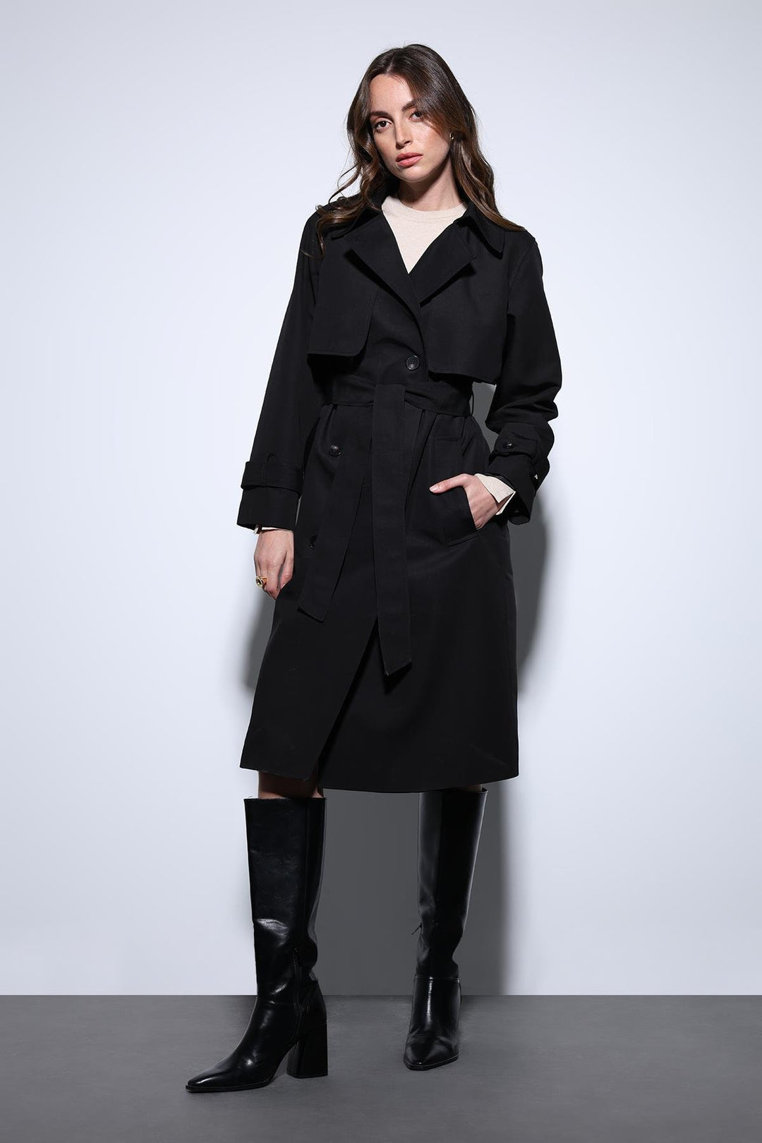 ANT Antioch Black Double-Breasted Belted Women's Trench Coat - Bragadiru