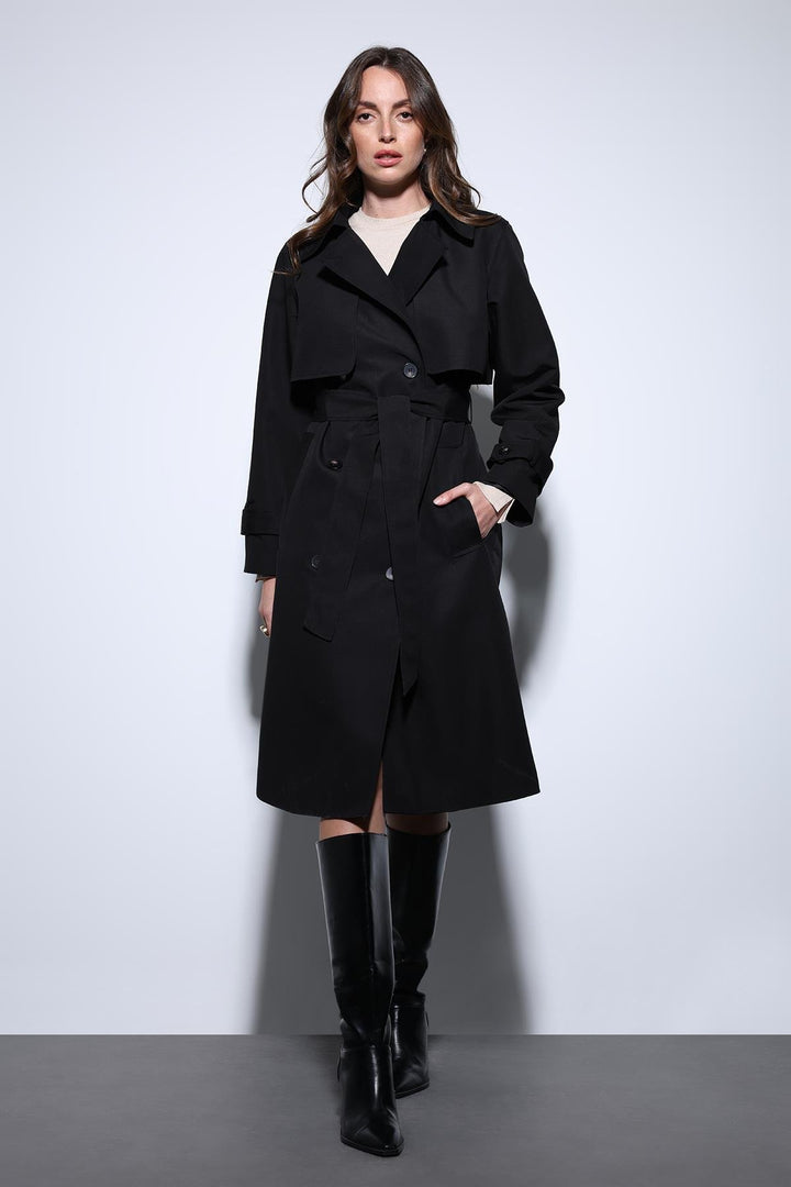 ANT Antioch Black Double-Breasted Belted Women's Trench Coat - Évora
