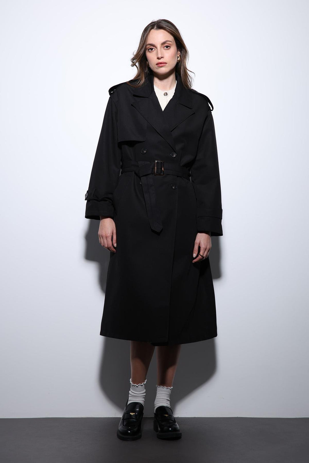 ANT Antioch Black Double-Breasted Belted Women's Trench Coat - Smyrna