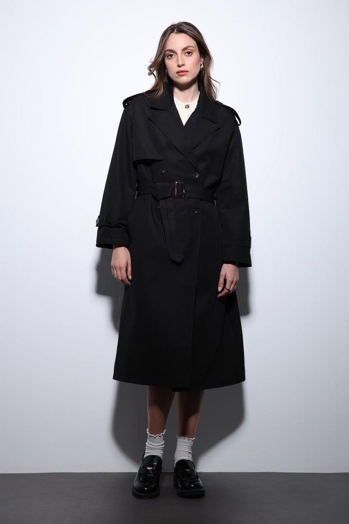 ANT Antioch Black Double-Breasted Belted Women's Trench Coat - Smyrna