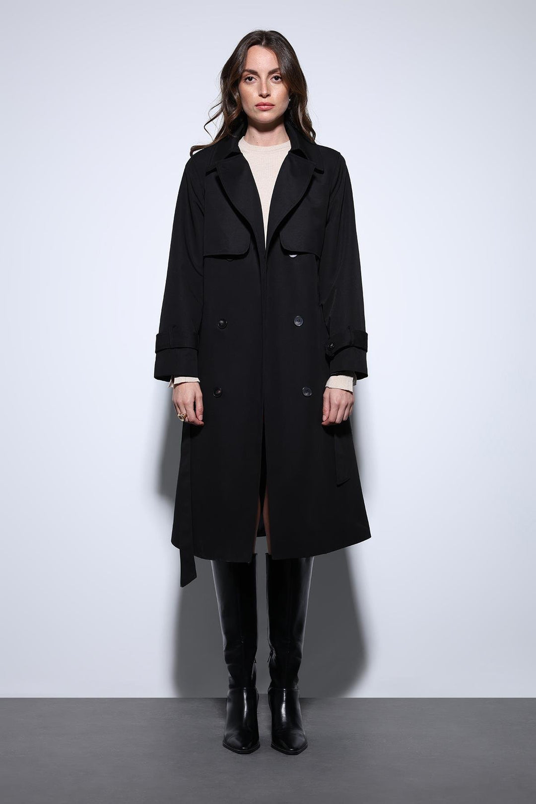 ANT Antioch Black Double-Breasted Belted Women's Trench Coat - Bragadiru