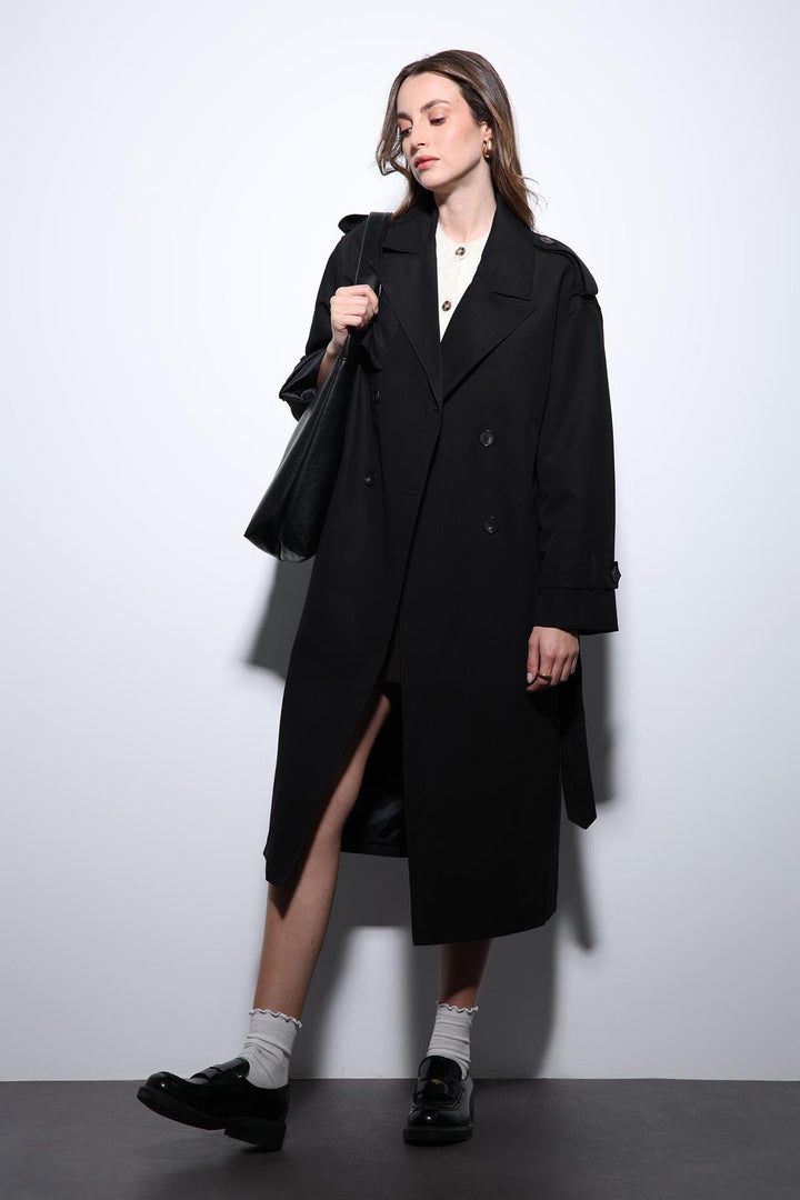 ANT Antioch Black Double-Breasted Belted Women's Trench Coat - Smyrna
