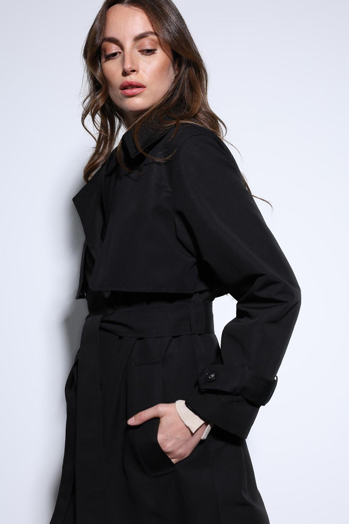 ANT Antioch Black Double-Breasted Belted Women's Trench Coat - Évora