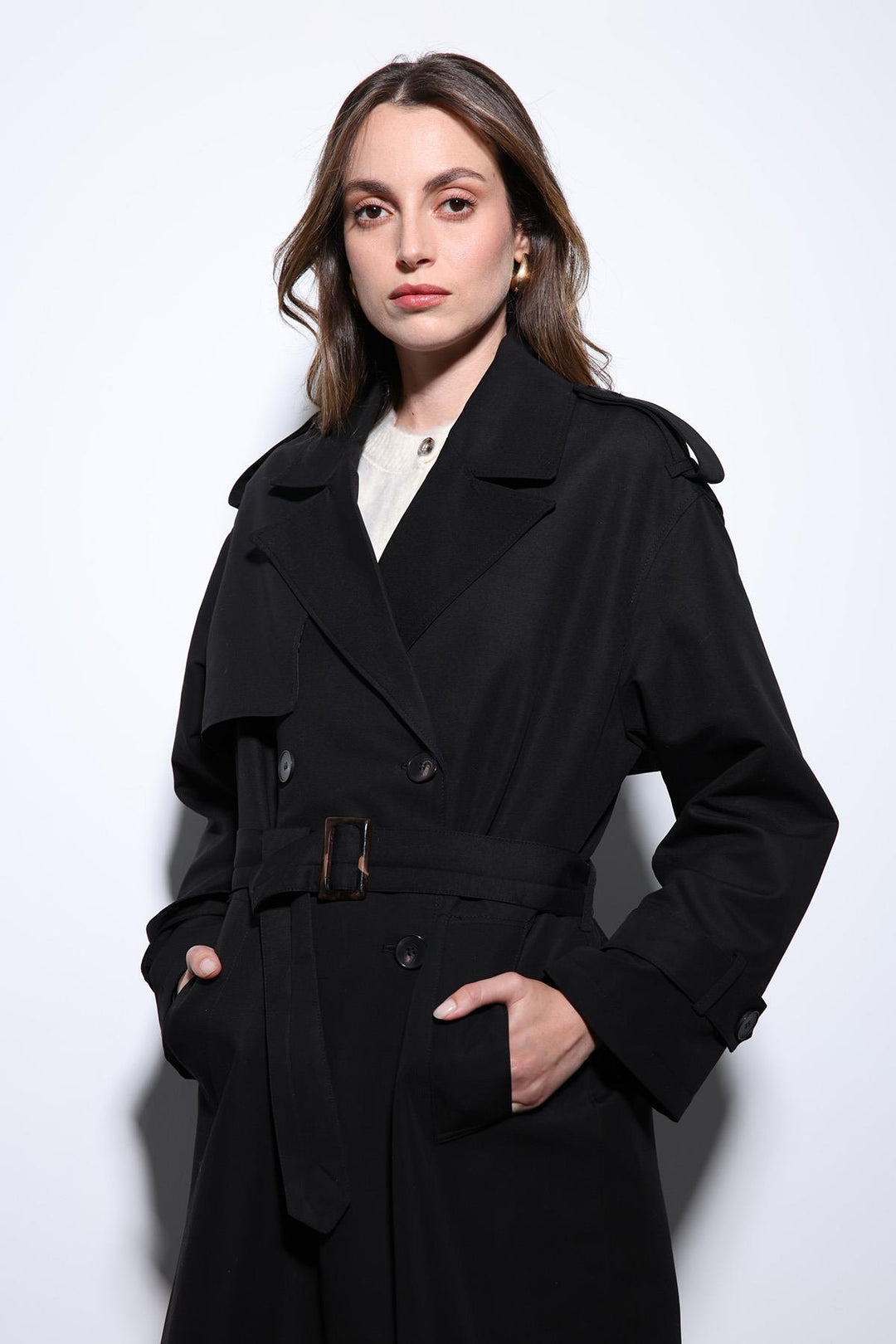 ANT Antioch Black Double-Breasted Belted Women's Trench Coat - Smyrna