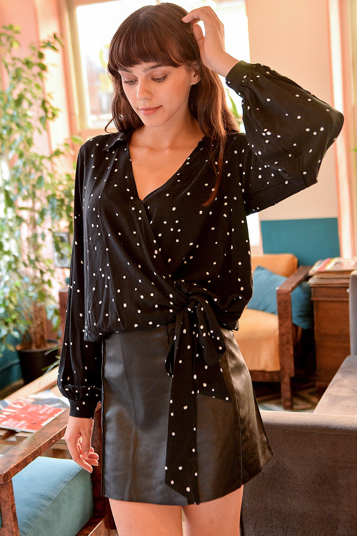 Black Wrap Neck Tied Long Sleeve Blouse BCBSK-25700-K4490 - Chula Vista