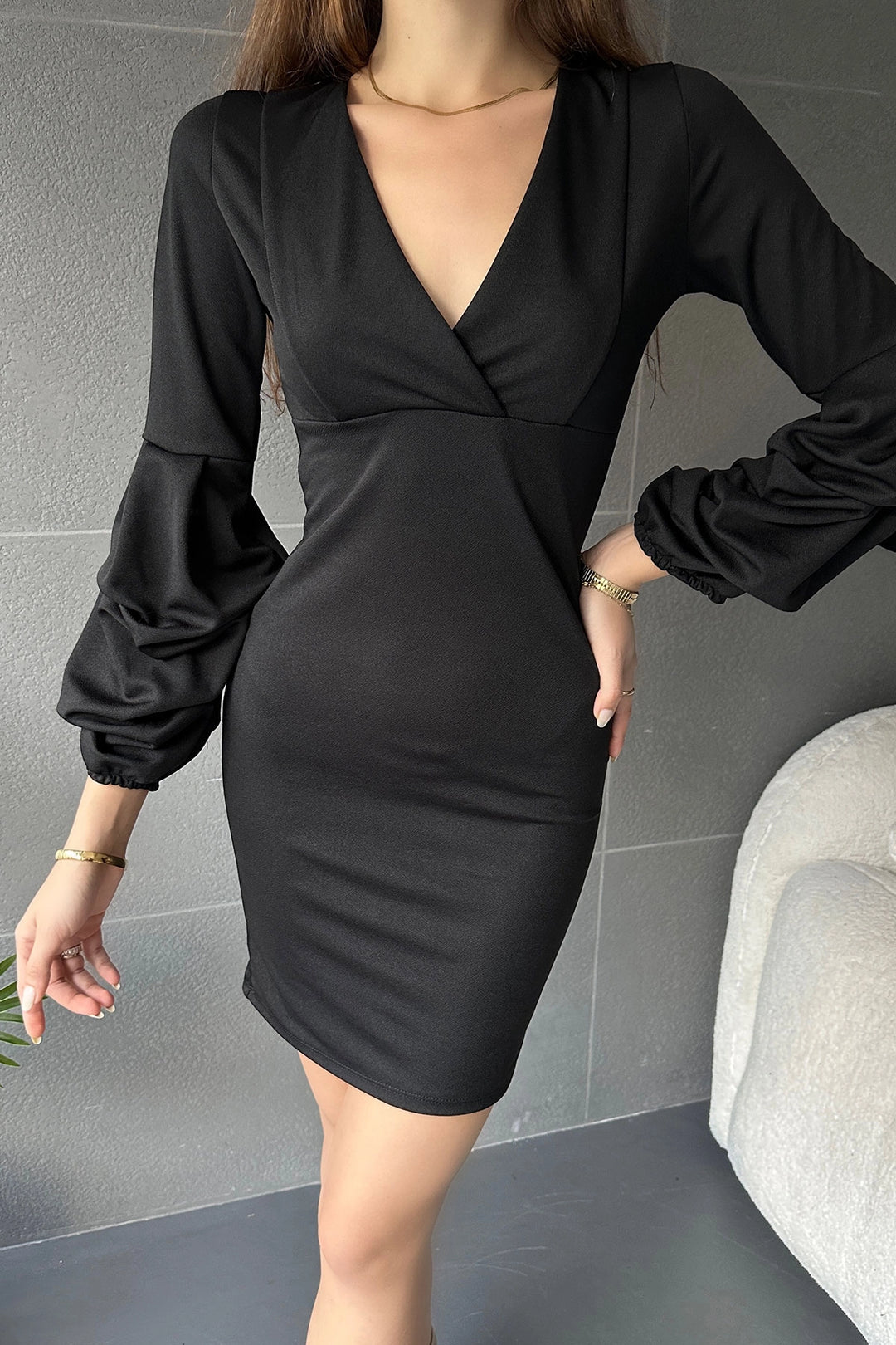 Black Wrap Neck Balloon Sleeve Dress BCDF-242120 - Berkeley
