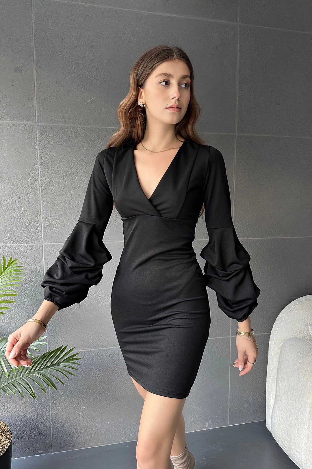Black Wrap Neck Balloon Sleeve Dress BCDF-242120 - Berkeley