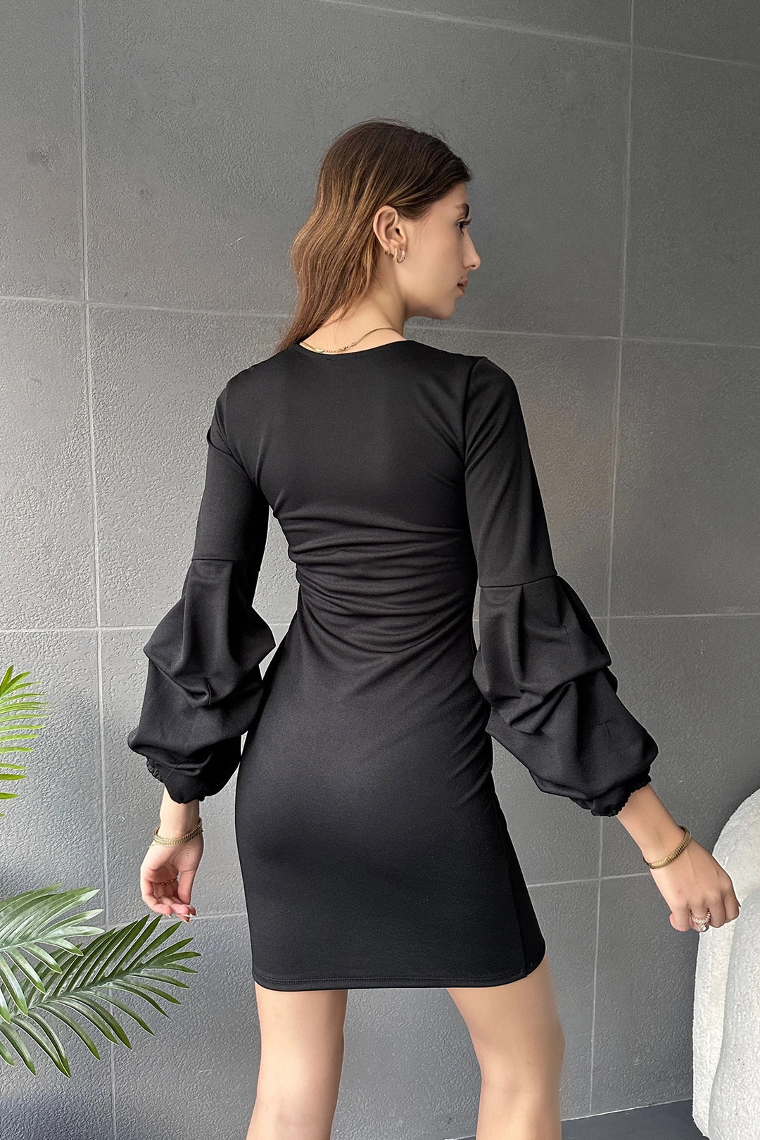 Black Wrap Neck Balloon Sleeve Dress BCDF-242120 - Berkeley
