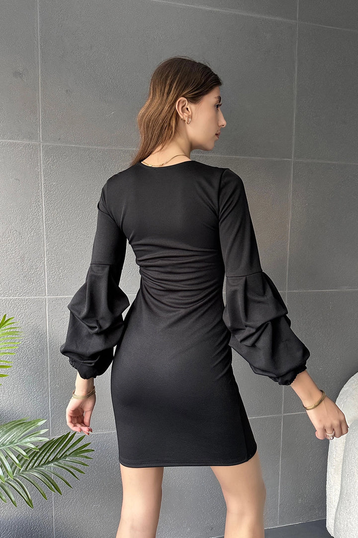 Black Wrap Neck Balloon Sleeve Dress BCDF-242120 - Berkeley