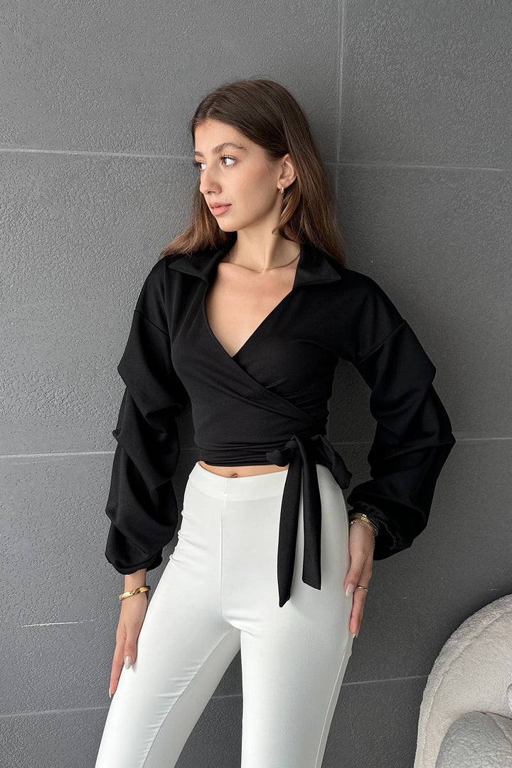 Black Wrap Neck Balloon Sleeve Blouse with Waist Tie BCDF-242114 - Wembley