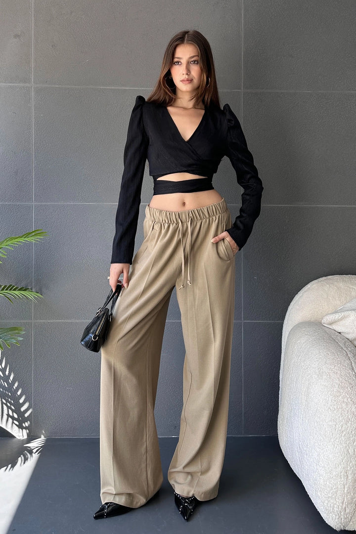 Black Wrap Neck Belted Crop Blouse BCDF-242108 - Kolomyia