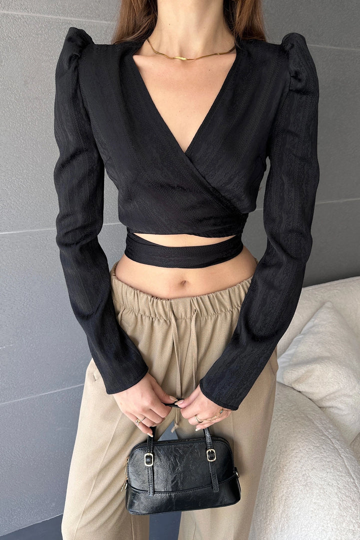 Black Wrap Neck Belted Crop Blouse BCDF-242108 - Kolomyia