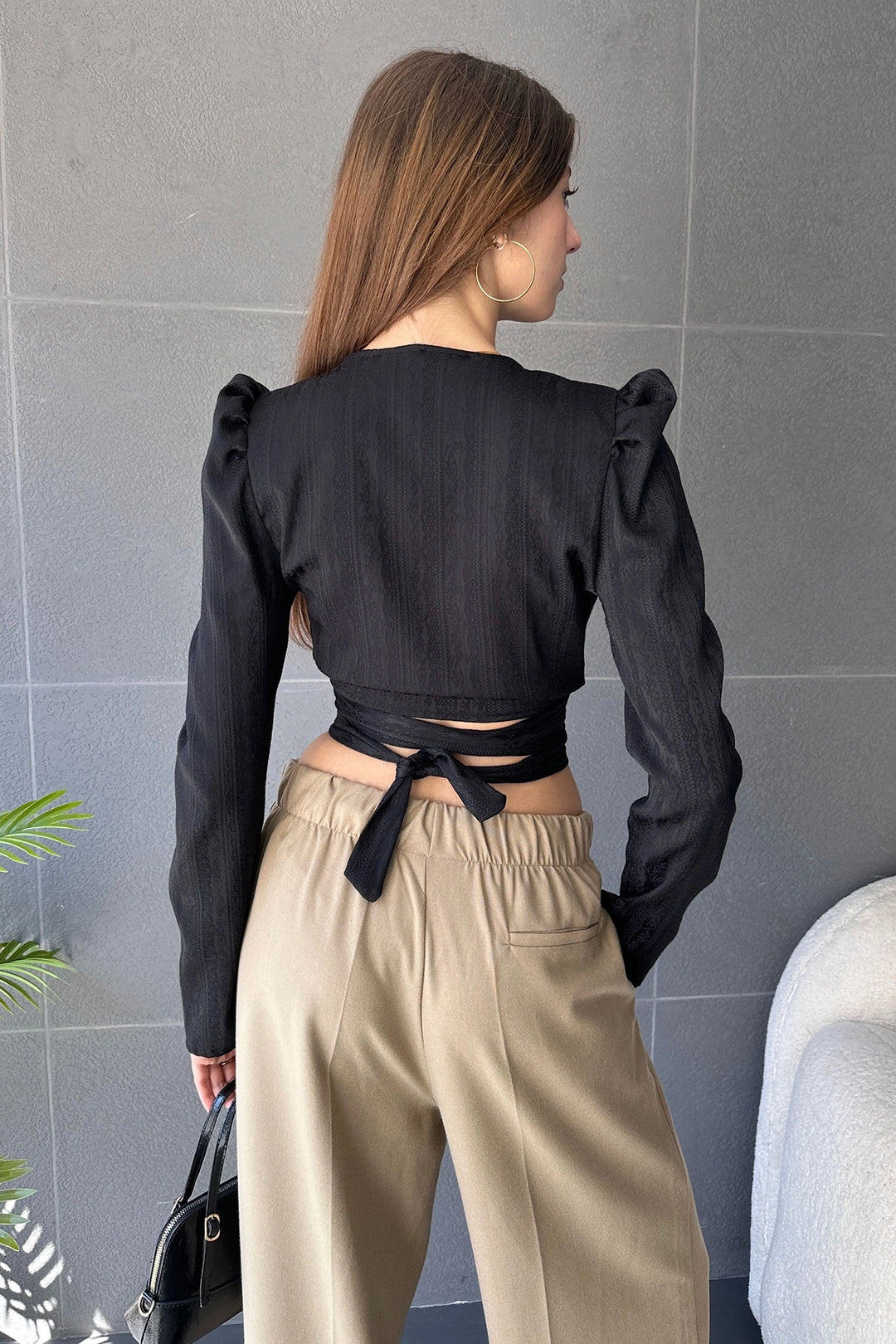 Black Wrap Neck Belted Crop Blouse BCDF-242108 - Kolomyia