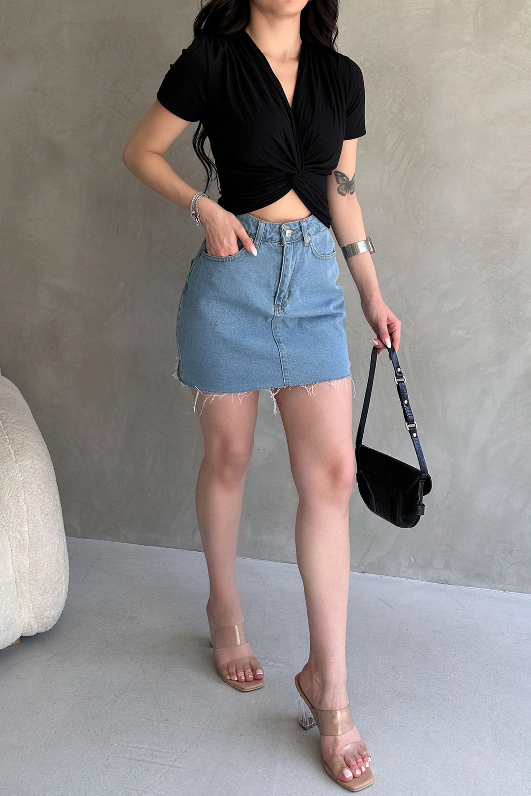 Black Wrap Neck Crop Blouse BCDF-252178 - Rowland Heights