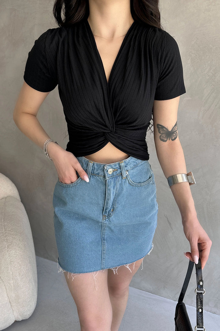 Black Wrap Neck Crop Blouse BCDF-252178 - Rowland Heights