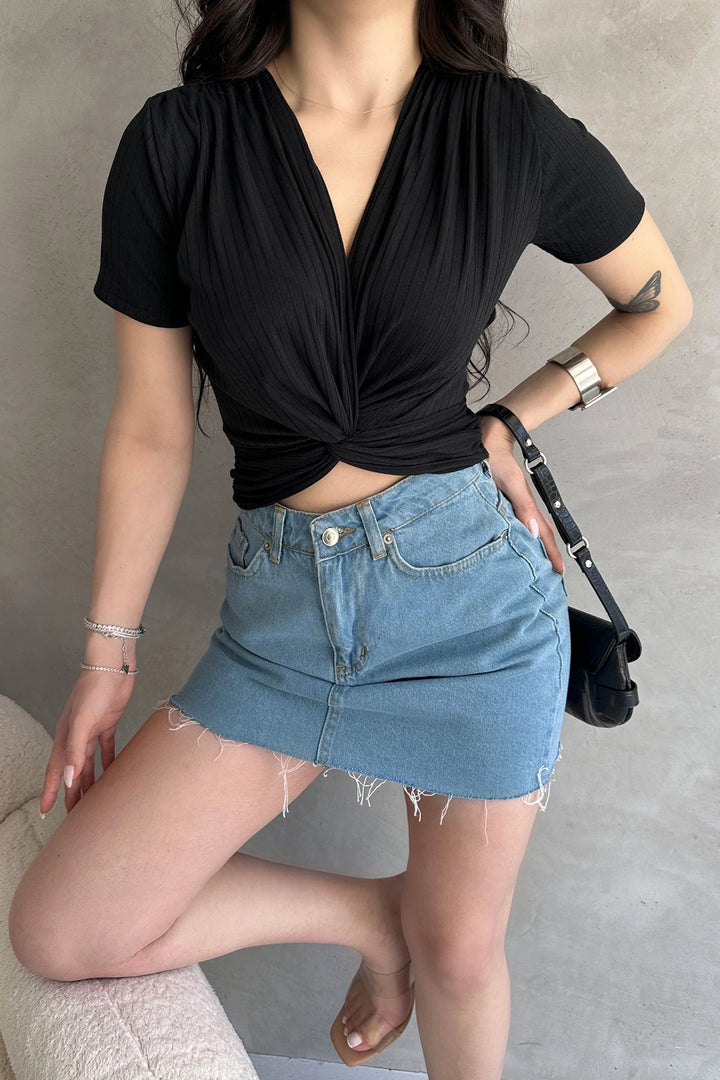 Black Wrap Neck Crop Blouse BCDF-252178 - Rowland Heights