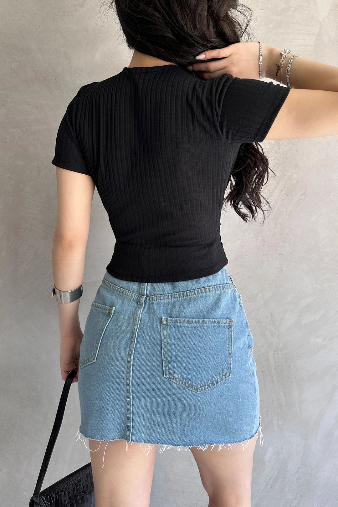 Black Wrap Neck Crop Blouse BCDF-252178 - Rowland Heights