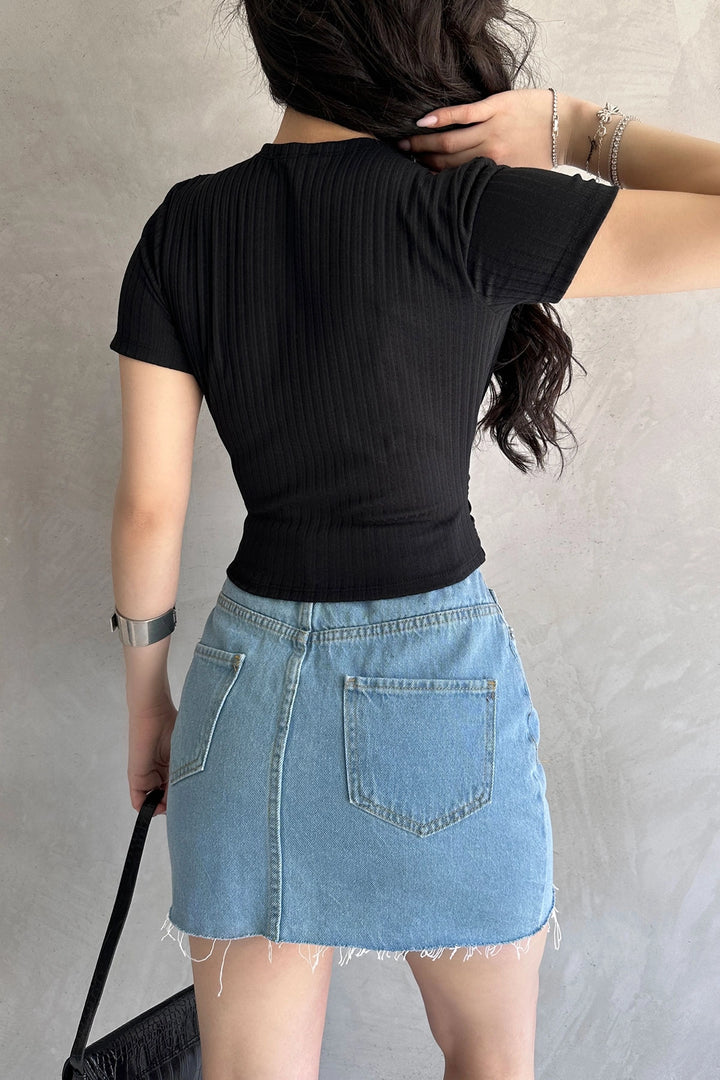 Black Wrap Neck Crop Blouse BCDF-252178 - Rowland Heights
