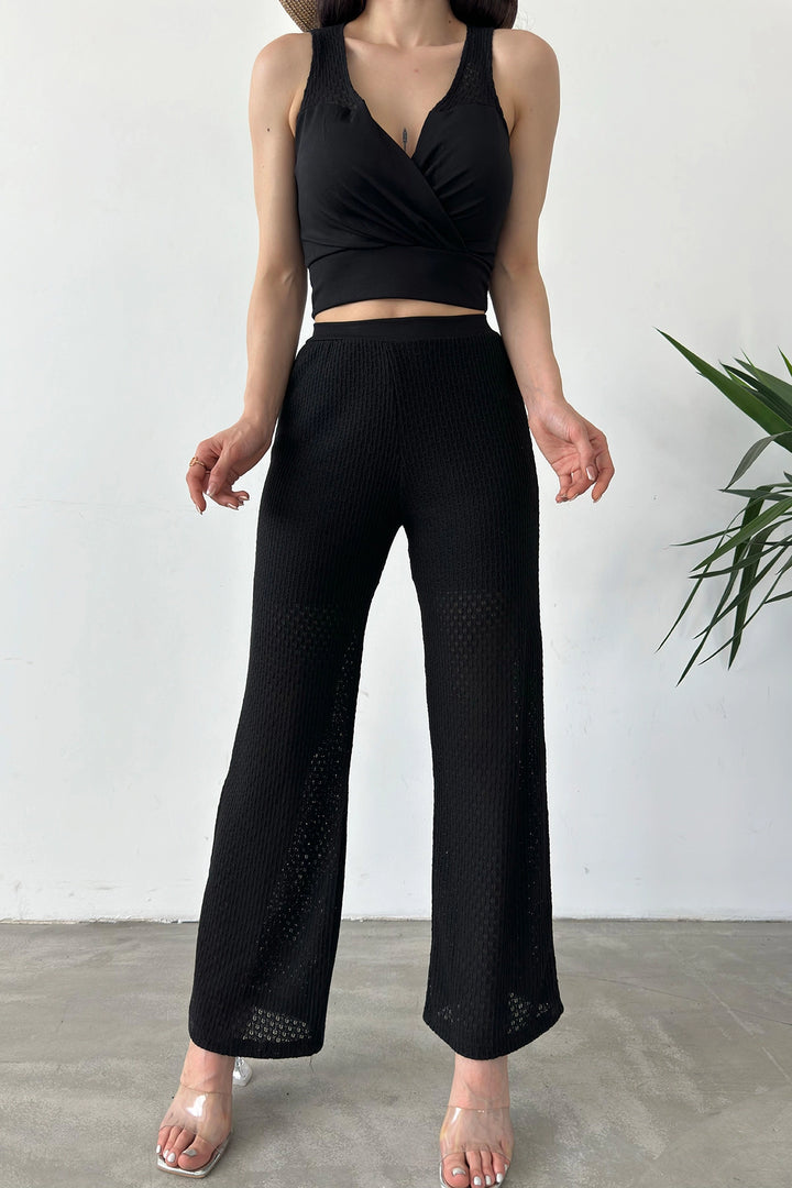 Black Wrap Neck Crop Blouse and Detailed Pants Knit Two-Piece Set BCDF-241081 - Mackay