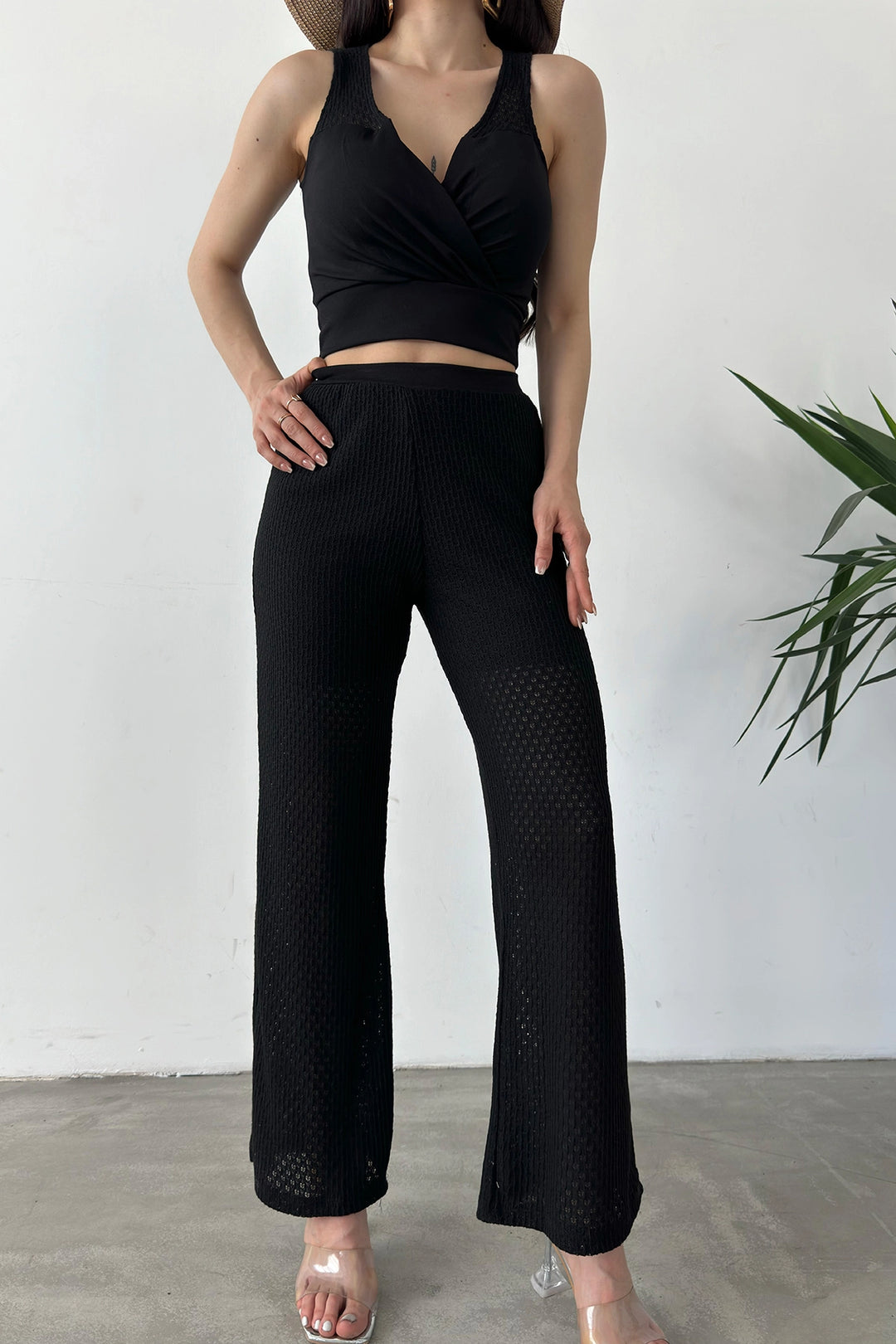 Black Wrap Neck Crop Blouse and Detailed Pants Knit Two-Piece Set BCDF-241081 - Mackay