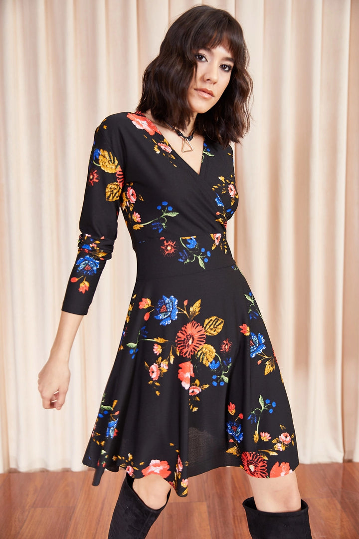 Black Wrap Neck Patterned Dress BCBSK-25700-K4777 - Hoover